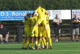 The Harborough Town players celebrate one of their goals in the FA Cup win over Stamford. Picture courtesy of Harborough Town FC