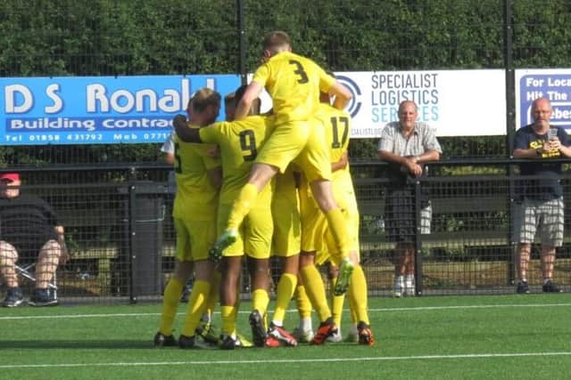 The Harborough Town players celebrate one of their goals in the FA Cup win over Stamford. Picture courtesy of Harborough Town FC