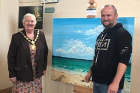 Welsh artist Jeremy Thomas with Cllr Barbara Johnson, chair of the Harborough District Council