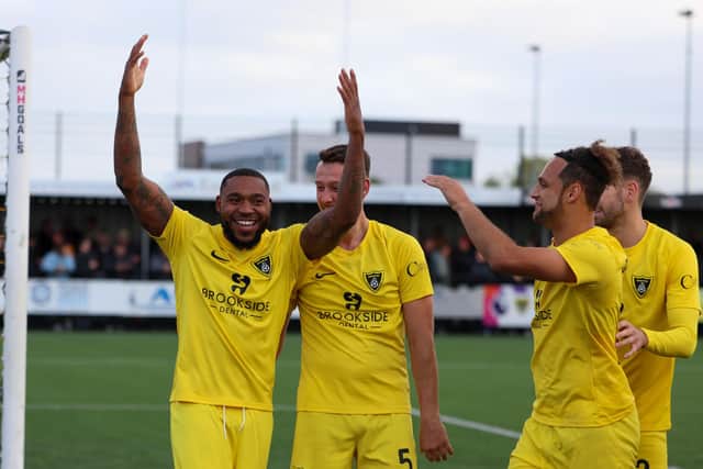 Britt Assombalonga scored Harborough's second goal in the 3-1 FA Cup win over Spennymoor.