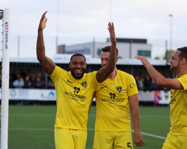 Britt Assombalonga scored Harborough's second goal in the 3-1 FA Cup win over Spennymoor.