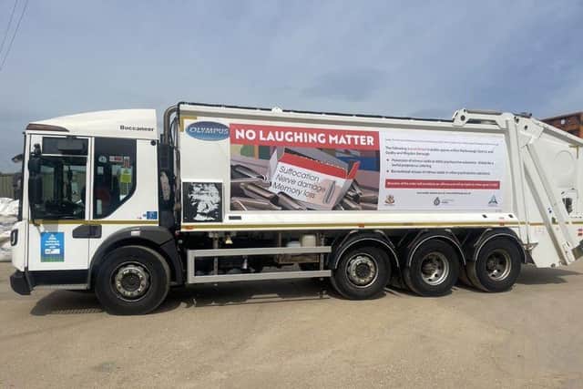 A hard-hitting message highlighting the “deadly” dangers of nitrous oxide is being carried on the sides of bin lorries all over Harborough district.