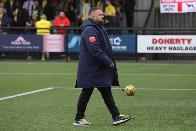 Mitch Austin was relieved to see his Harborough Town team edge past Bromsgrove Sporting on Saturday (Picture: Phil Passingham)