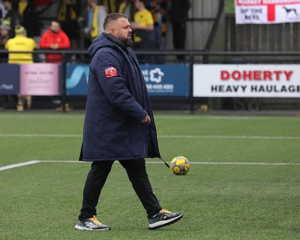 Mitch Austin was relieved to see his Harborough Town team edge past Bromsgrove Sporting on Saturday (Picture: Phil Passingham)