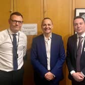 Alberto Costa with Gareth Oakley (left), managing director of the Cash Action Group’s Banking Hub Company, and Chris Ashton (right), head of banking services at Link.