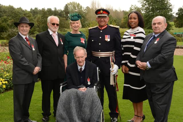 BEM and MBE honours - Paul Gardner, Brian Jackson, Barbara Chantrell, Lord-Lieutenant Mike Kapur, Jessica Davey, William (Bill) Brown. Front – Richard Easom.