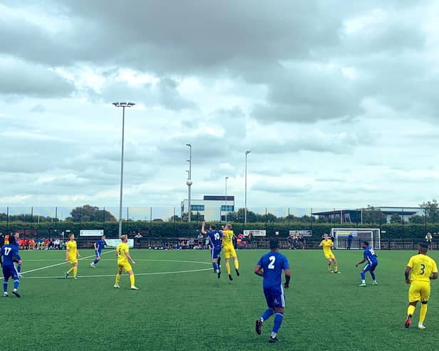 Action from Harborough Town's 3-2 defeat to a Boston United XI in their final pre-season friendly last weekend. Picture courtesy of Harborough Town FC