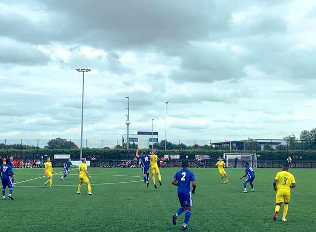 Action from Harborough Town's 3-2 defeat to a Boston United XI in their final pre-season friendly last weekend. Picture courtesy of Harborough Town FC