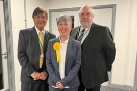 Geraldine Whitmore (centre) is the new councillor for Logan Ward. She is pictured with Phil Knowles (right) after the election.