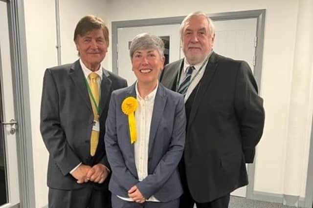 Geraldine Whitmore (centre) is the new councillor for Logan Ward. She is pictured with Phil Knowles (right) after the election.