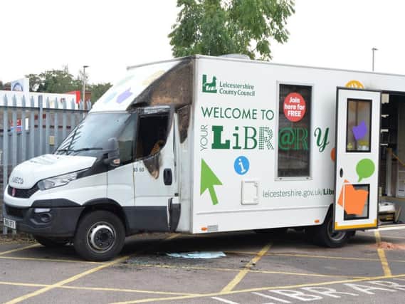 The fire damaged mobile library at Lutterworth. PICTURE: ANDREW CARPENTER