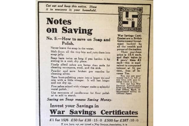 The advert detailing how to use your savings to support the war effort, including the emblem.