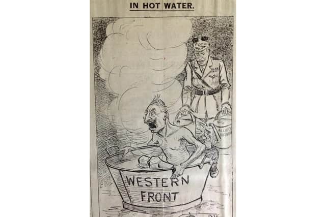 The War Supplement cartoon of the Kaiser in the bath unable to bear the heat being poured on him by the Supreme Commander of the Allied Armies Ferdinand Foch, Marshall of France