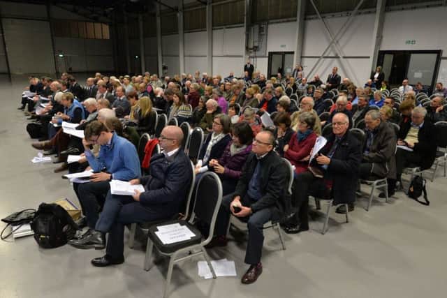 Protesters during the Magna Park meeting at Hangar 42.
PICTURE: ANDREW CARPENTER