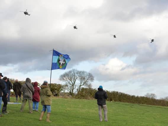 The four Lynx helicopters fly over the crash site at Tilton on the Hill. PICTURE: ANDREW CARPENTER