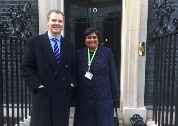 From left, Harborough MP Neil O'Brien and Rohini Corfield outside 10 Downing Street