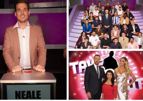 Neale (left), with the other male contestants (top right) and Paddy with Claudia and Chloe (bottom right). Credit: Take Me Out 10th Anniversary Special NNL-180221-144801005