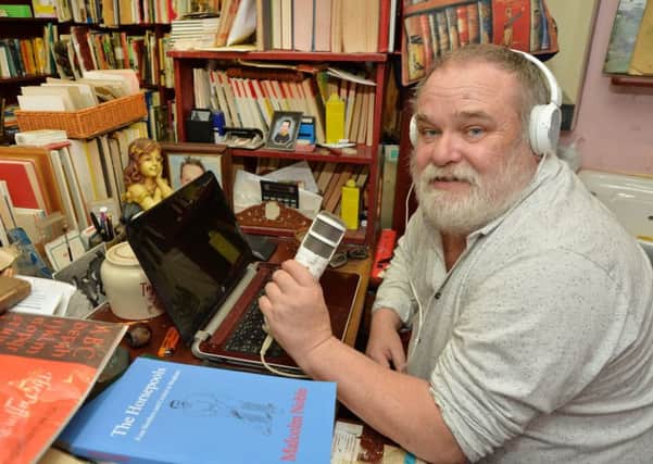 Malcolm Noble records his podcast in his book shop at Market Harborough.
PICTURE: ANDREW CARPENTER NNL-180425-084028005