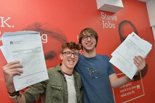 Joy...James West and Aaron Carson during the A-level results at Robert Smyth Academy. PICTURE: ANDREW CARPENTER