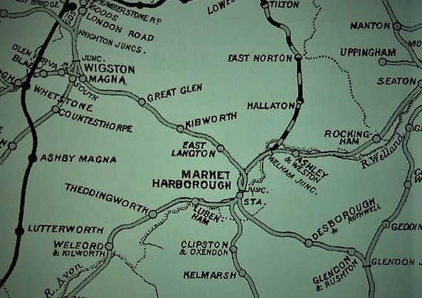 A map showing the former railway lines in the Harborough area