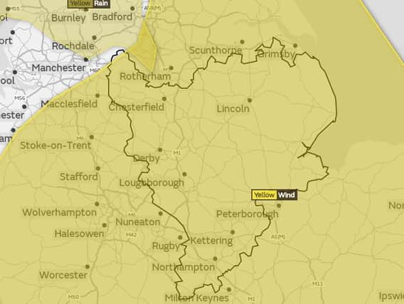 The East Midlands highlighted in the yellow warning zone