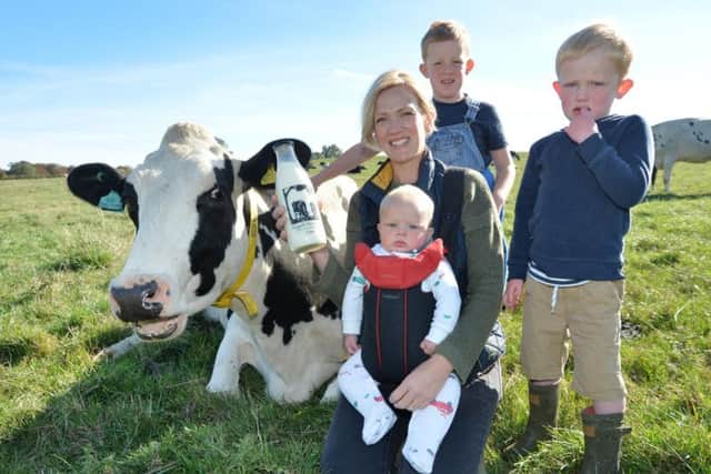 Caroline Barbour with George 6, Arthur 4 and Charlie 5 months and Ramona the cow. PICTURE: ANDREW CARPENTER