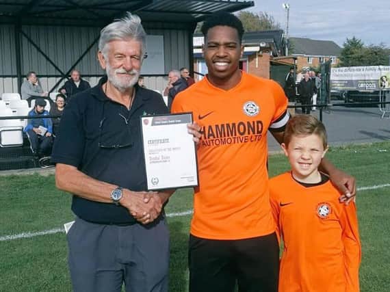 Tendai Daire had a good afternoon on Saturday. The Lutterworth Town striker recieved his award for being Septembers top goalscorer from UCL chairman John Weeks and then notched another goal  his 150th for the club  as Swifts beat Anstey Nomads 2-0