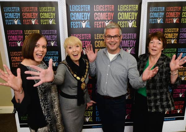 Comedy launch...Sairah Butt Market & Events manager, Lesley Bowles chairman of Harborough District Council, Geoff Rowe Director of Leicester Comedy and Bev Jolly joint chief executive of Harborough District Council during the launch at the Angel hotel.
PICTURE: ANDREW CARPENTER NNL-180611-160223005