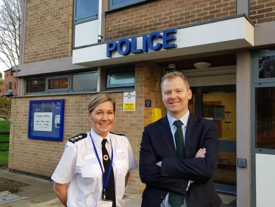 Neil OBrien MP with Inspector Siobhan Gorman outside Market Harborough police station
