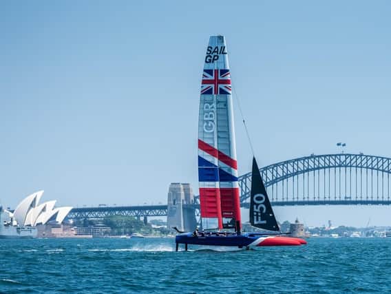 Dylan Fletcher and his Great Britain crew take part in the opening SailGP event in Sydney Harbour. Picture courtesy of SailGP