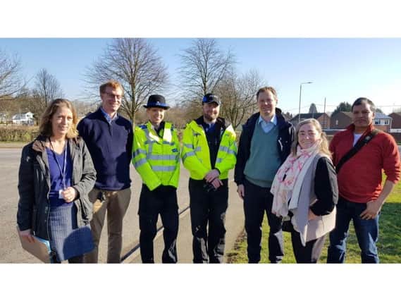 From left, Vanessa Lingley, Cllr Paul Bremner, Local PCSOs, Neil OBrien MP, Diane Cook and Kal Budwal