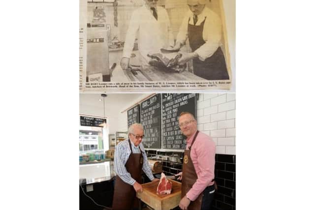 Top, the image from 1981 with Stuart Bates watching Mr Loomes at work. Bottom, Stuart Bates with new co-owner Terry Dyer at The Meat Room in Market Harborough. PICTURE: ANDREW CARPENTER