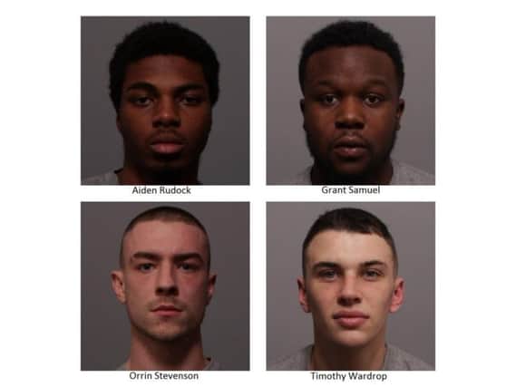 The four men who have been jailed. Clockwise from top left, Aiden Rudock, Grant Samuel, Timothy Wardrop, and Orrin Stevenson