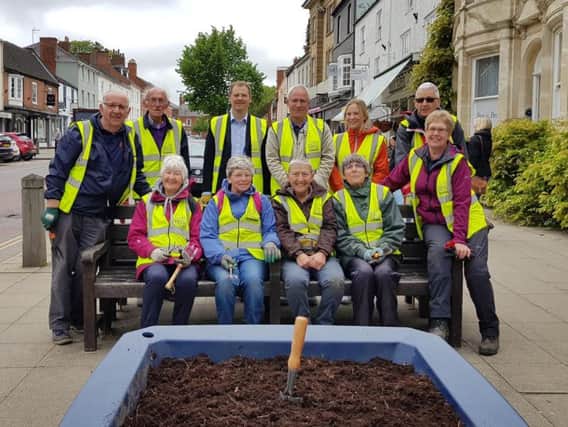 Volunteers from Market Harborough in Bloom with Neil O'Brien MP and Cllr Frankie McHugo.