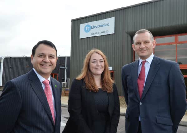 Alberto Costa MP with Katherine Dootson site manager and Guy Millard Managing Director during the visit at Semelab in Lutterworth.
PICTURE: ANDREW CARPENTER