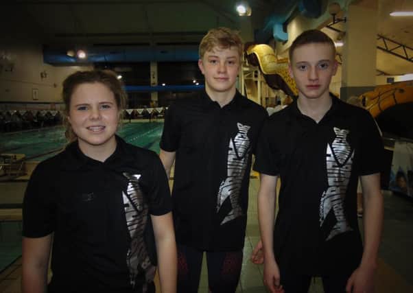 Jay Newman, Charlie Poole, and Hattie Bates, from Harborough Swimming Clu, are tkaing part in an international swimming competition