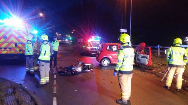Scene of the crash on Farndon Road between a motorcycle and car.
PICTURE: Leicestershire Fire Service.