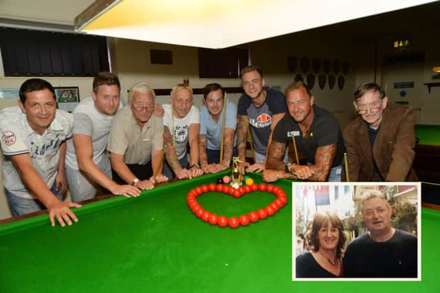 Support...Andy Glaysher, Tom Logan, Tony Hughes, Paul Spiezick, Jordan Spiezick, Jake Spiezick, Marc Spiezick and John Rollitt before the charity snooker match for Glenfield Heart Foundation at Market Harborough Conservative Club in memory of (insert), Dave Spiezick pictured with his wife Lesley.
PICTURE: ANDREW CARPENTER