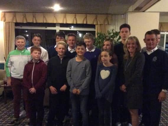 Kibworth junior members of at their awards evening. Back from left: Sam Haynes-Coote, Harvey Fitzpatrick, Stephen Hebborn, Ollie Lewis, Ben Walters, Ruth Brooks, Jake Fromant, Owen Brooks, Wendy Quilter (ladies captain), Andy Cole (mens captain). Front: Mitchell Wright, Thomas Walters, Kai Williamson, Emily Wolverson