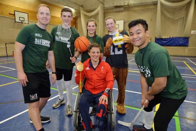 Centre, Emma Wiggs MBE Olympic Champion at the Rio 2016 Paralympics with Mike Scully, Joe Price, Susannah Hickie, Lily Mills and Thomas Sanderson before the Robert Smyth Academy 2017 Lock-in.
PICTURE: ANDREW CARPENTER